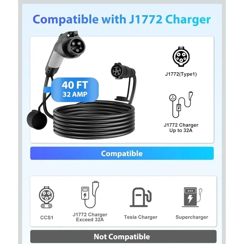 EV Charger Extension Cable 40ft 32 Amp J1772 Compatible 110V-240V EVDANCE
